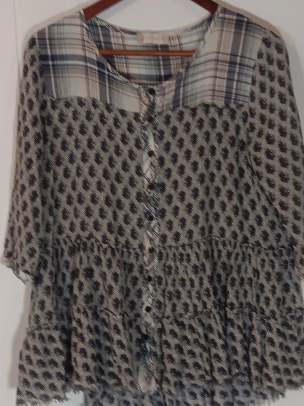 Altar'd State Cream and Navy Mixed Print Tiered Button Blouse